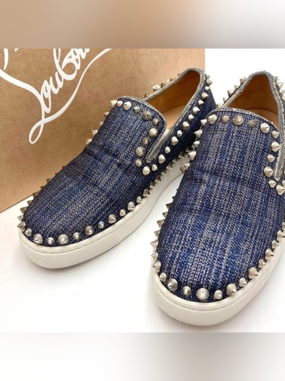 Christian Louboutin Blue Denim Studded Slip-On Mules